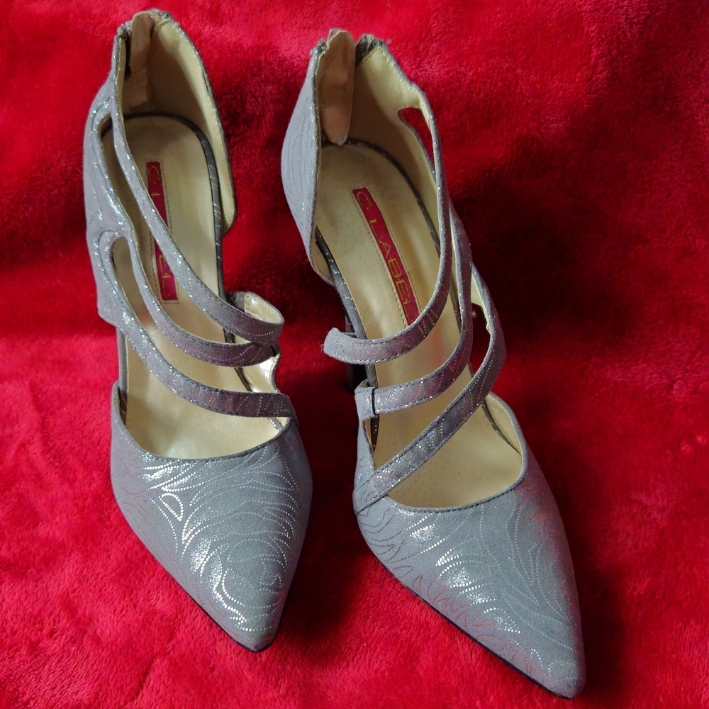 C Label Shimmering Gray Strappy Heels Size 6